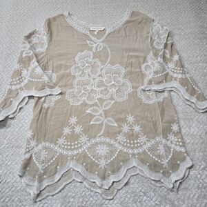 Solitaire Beige Blouse with White Embroidery